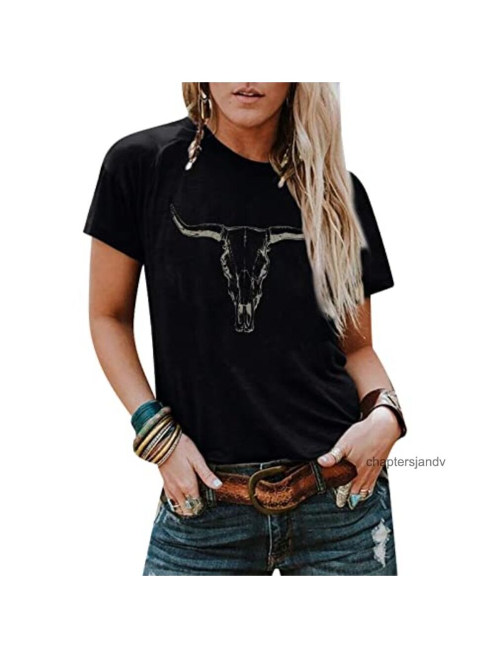 Western Cowgirl Graphic T-Shirt Cow Skull Cotton Blend
